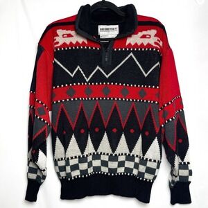 Vintage 90s Ski Sweater Mens‎ M Black Red Fair Isle Apres Nordic OBERMEYER Aztec
